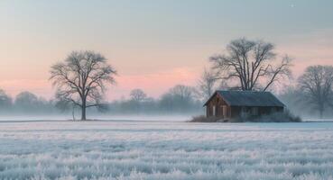 A barn sits in a field of frost photo