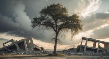 A tree is standing in front of a destroyed building photo