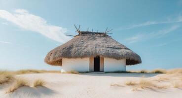 A thatched hut sits in the middle of a sand dune photo