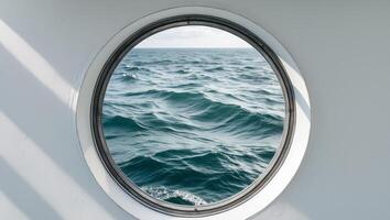 A circular window on a ship with the ocean in the background photo