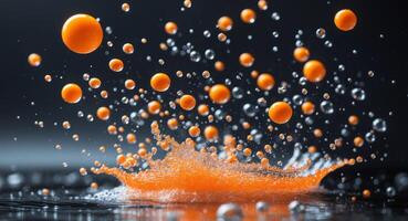 Orange juice splash on black background photo