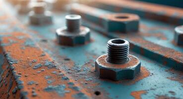 A close up of a rusty metal plate with nuts photo
