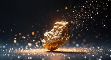 Gold nugget on the table with sparkles photo
