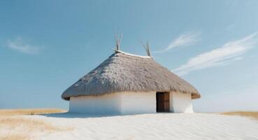 A small hut with a thatched roof in the middle of a desert photo