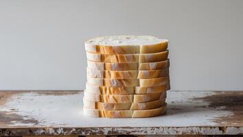 A stack of slices of bread on a wooden table photo