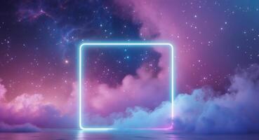 Neon neon frame on a space background with clouds and stars photo