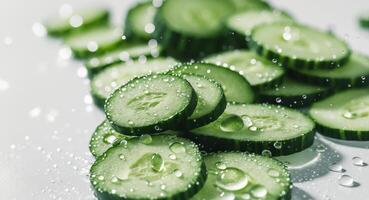 Close Up Of Fresh Cucumber Slices With Water Drops photo