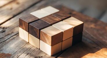 Wooden Blocks Arranged in a Stacked Formation on a Rustic Wooden Surface photo
