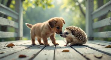 Puppy and Hedgehog Interacting on Wooden Deck with Soft Green Trees Background. photo