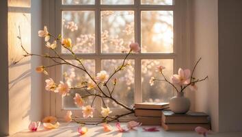 Springtime blooms bring warmth and light to a sunny window nook. photo