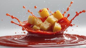Spicy Potato Cubes Splashing into Ketchup photo