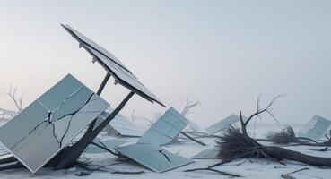 Solar panels cracked and tilted at odd angles after a powerful storm uprooted nearby trees. photo