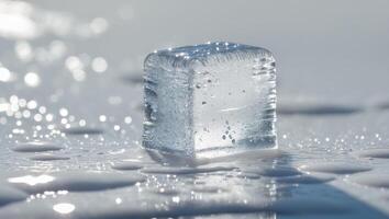 Melting ice cube on wet surface reflecting sunlight. photo