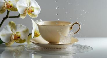 Fragile Beauty Orchids and Shattered Water Splash Over Teacup photo