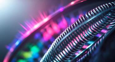 Closeup of coiled metal spring with sufficiently high strength and elastic properties in neon light over dark background. photo