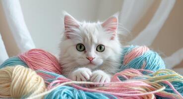 Curious kitten peeks out from colorful yarn during a cozy indoor afternoon. photo