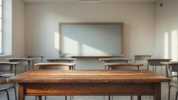 The Desk of Knowledge A Rustic Wooden Table in an Empty Classroom. photo