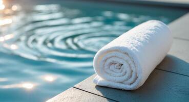 Summer Poolside Scene Featuring Rolled White Towel on Stone Edge with Tranquil Water Background and Room for Textual Overlay. photo