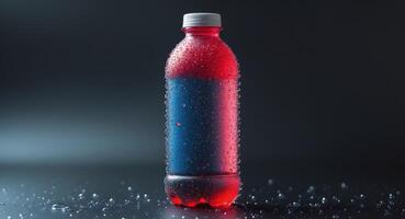 Colorful plastic bottle covered with condensation droplets on dark background. photo