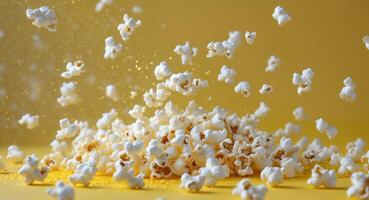 Freshly popped popcorn falling on a yellow background. photo