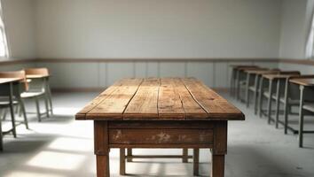 The Desk of Knowledge A Rustic Wooden Table in an Empty Classroom photo