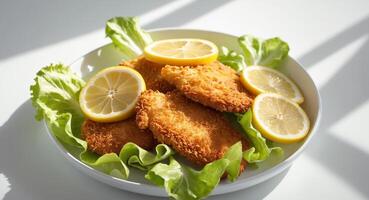 Crispy Breaded Chicken Cutlets with Lemon and Lettuce. photo