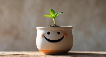 Smiling ceramic pot with a cheerful face and green sprout on a rustic surface photo