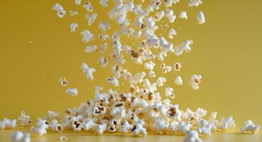 Freshly popped popcorn falling on a yellow background photo