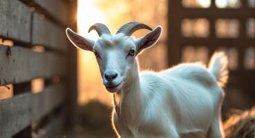 Goat standing in a warm barn during sunset highlighting its white fur and curious expression photo