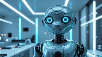 Advanced Technology Laboratory Featuring a Charming Robot and Blue Neon Illumination photo