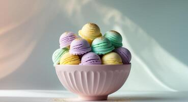 Pink vase filled with colorful ice cream scoops and topped with sprinkles on a light background. photo