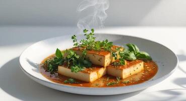 A plate with tofu and sauce on it photo