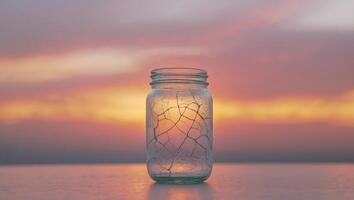 A broken glass jar sitting on a table with a sunset in the background photo