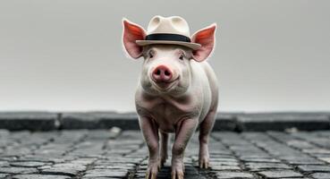 A pig wearing a hat and walking on a cobblestone road photo