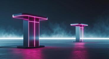 Futuristic neon podiums with glowing lines in a dark ambient setting photo