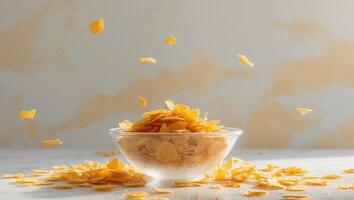 Bowl filled with crispy cornflakes on a light marble background with scattered flakes in yellow tones creating a fresh breakfast vibe. photo