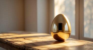 Golden egg placed on a wooden table with natural lighting and soft shadows in a domestic setting. photo