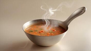 Ladle serving steaming soup with a warm glow and inviting ambiance photo