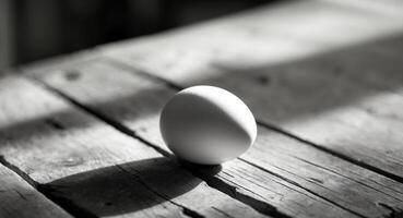 Egg resting on a wooden table in natural light with shadows and texture visible on the surface photo