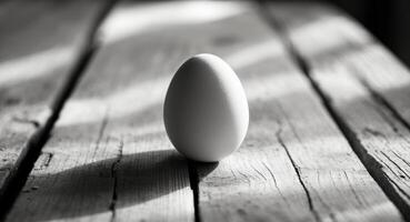Egg resting on a wooden table in natural light with shadows and texture visible on the surface. photo