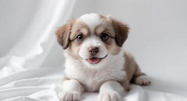 Cute puppy with expressive eyes sitting on a solid background showcasing its charming personality and adorable features photo