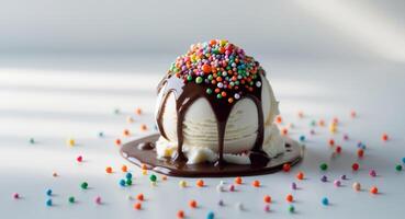 An ice cream sundae with chocolate drizzle and sprinkles photo