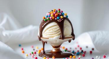 An ice cream sundae with chocolate drizzle and sprinkles photo