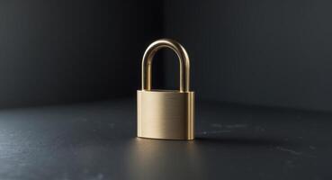 Golden padlock resting on a black surface symbolizing security and protection concepts photo