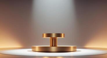 Stage with golden pedestal under spotlights for product display or performance. photo