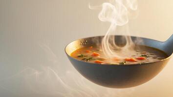 Ladle serving steaming soup with a warm glow and inviting ambiance. photo