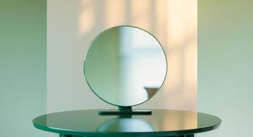 Mirror on a table with green background reflecting light and surrounding objects in a serene setting. photo