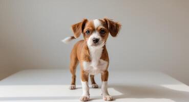 A small brown and white dog is standing on a white surface. photo