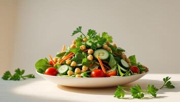 Fresh Colorful Salad with Vegetables and Chickpeas on Table. photo