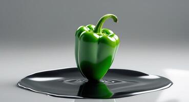 A glossy green pepper resting on a wet black surface with reflections. photo